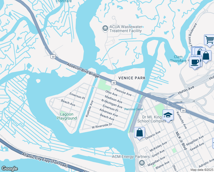 map of restaurants, bars, coffee shops, grocery stores, and more near 1601 Penrose Avenue in Atlantic City