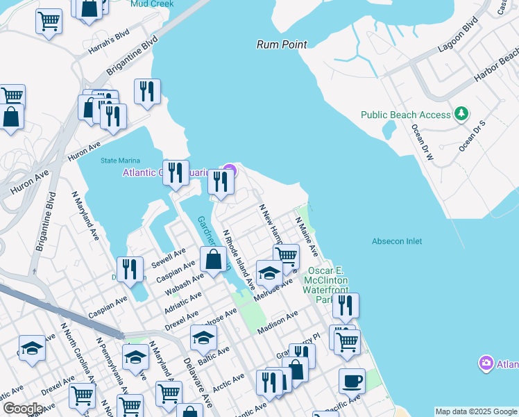 map of restaurants, bars, coffee shops, grocery stores, and more near 1 Lighthouse Court in Atlantic City