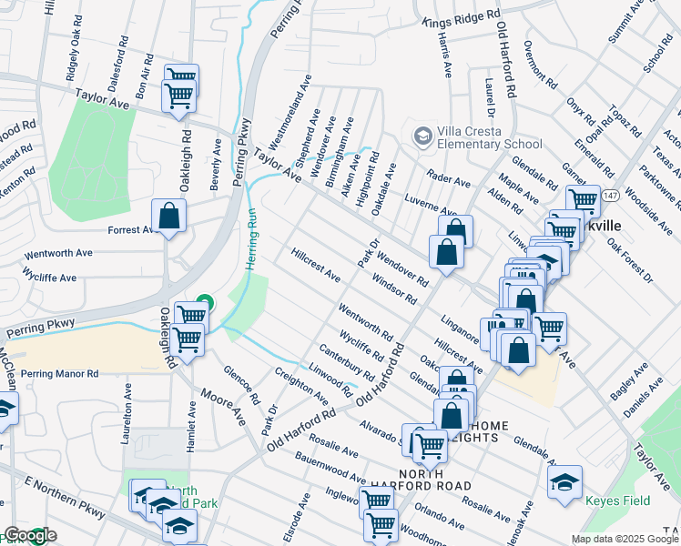 map of restaurants, bars, coffee shops, grocery stores, and more near 2534 Hillcrest Avenue in Parkville