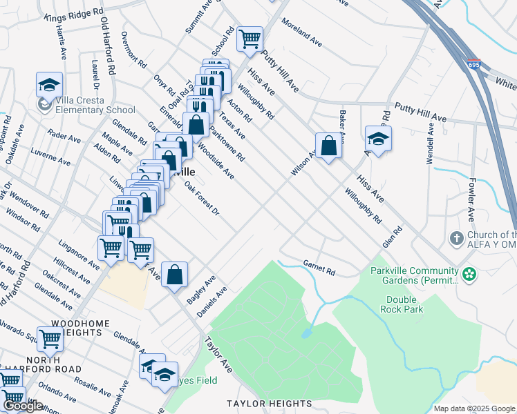 map of restaurants, bars, coffee shops, grocery stores, and more near 3053 Woodside Avenue in Parkville