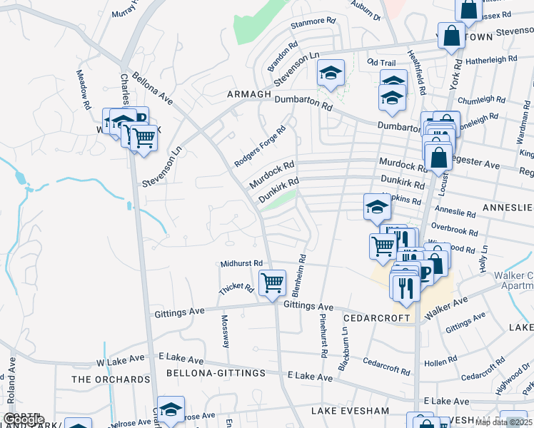 map of restaurants, bars, coffee shops, grocery stores, and more near 206 Blenheim Road in Baltimore
