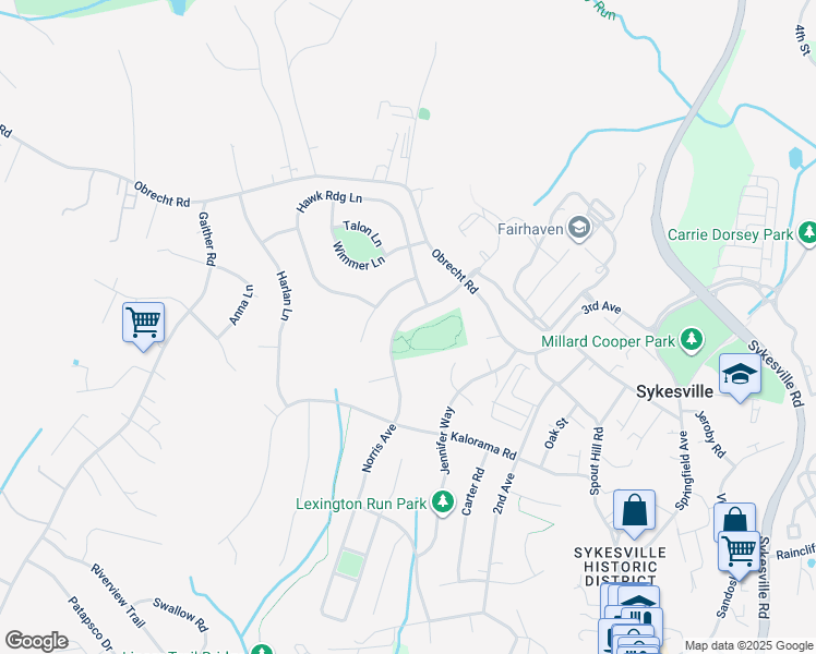 map of restaurants, bars, coffee shops, grocery stores, and more near 7181 Norris Avenue in Sykesville
