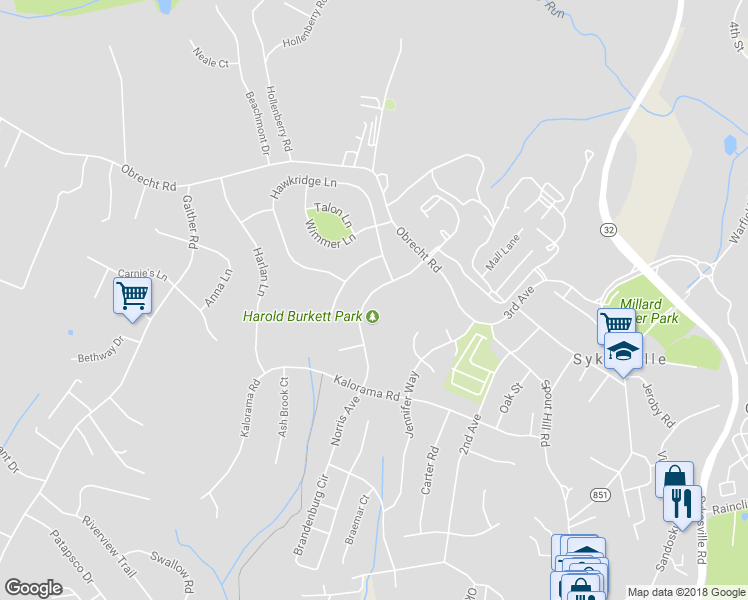 map of restaurants, bars, coffee shops, grocery stores, and more near 7181 Norris Avenue in Sykesville