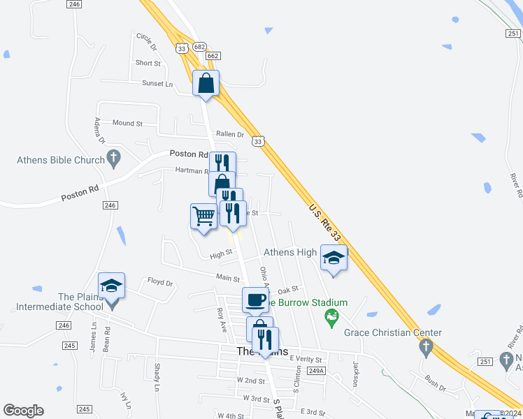 map of restaurants, bars, coffee shops, grocery stores, and more near 83 Ohio Avenue in The Plains