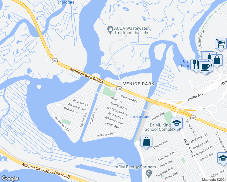 map of restaurants, bars, coffee shops, grocery stores, and more near 1601 Penrose Avenue in Atlantic City