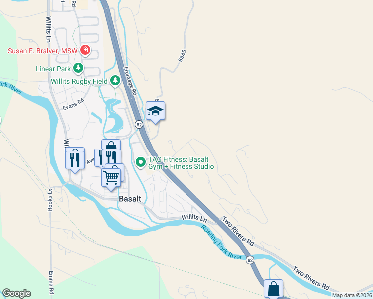 map of restaurants, bars, coffee shops, grocery stores, and more near 186-400 Original Rd in Basalt