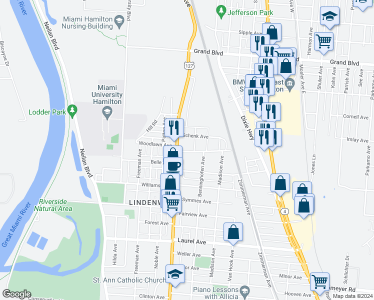 map of restaurants, bars, coffee shops, grocery stores, and more near 626 Woodlawn Avenue in Hamilton