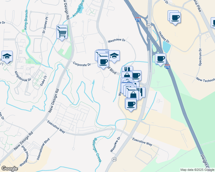map of restaurants, bars, coffee shops, grocery stores, and more near 5202 Presidents Court in Frederick