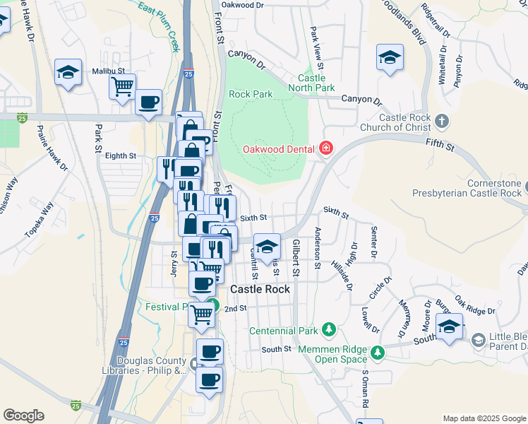 map of restaurants, bars, coffee shops, grocery stores, and more near 652 6th Street in Castle Rock
