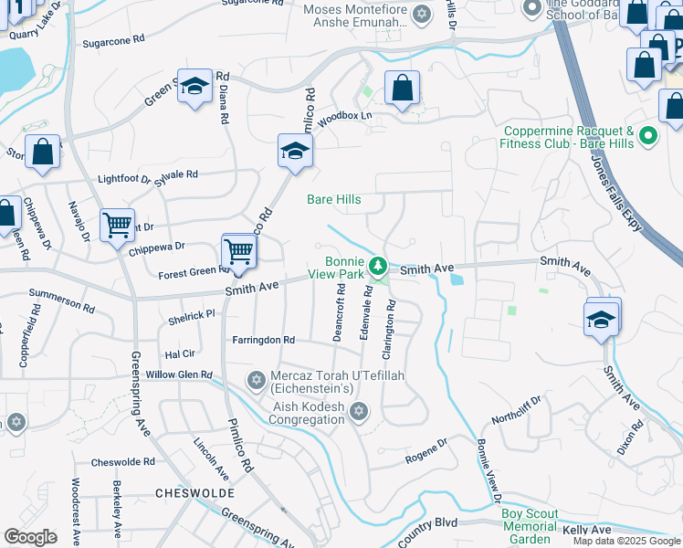 map of restaurants, bars, coffee shops, grocery stores, and more near 3427 Woodbury Road in Baltimore
