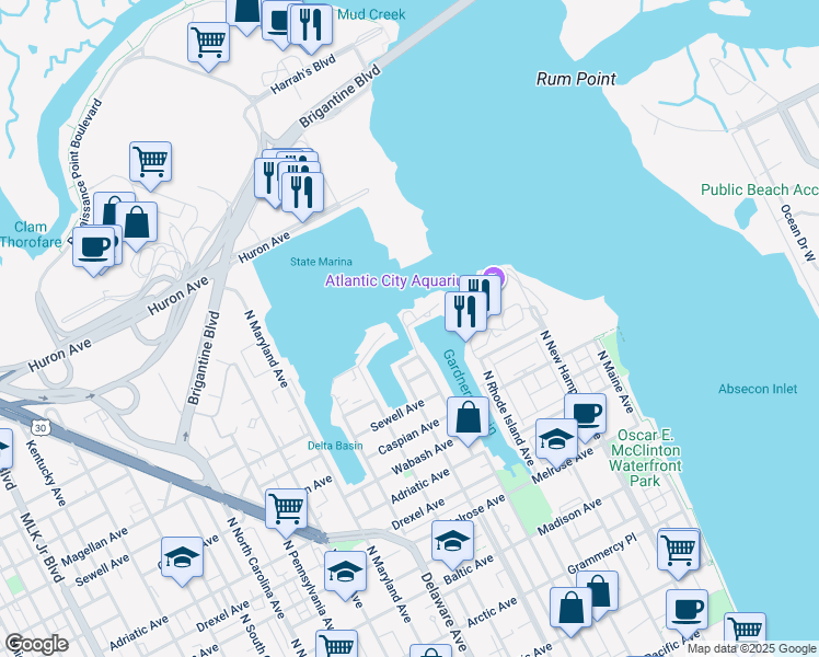 map of restaurants, bars, coffee shops, grocery stores, and more near 851 North Massachusetts Avenue in Atlantic City