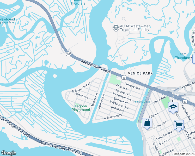 map of restaurants, bars, coffee shops, grocery stores, and more near 1801 North Riverside Avenue in Atlantic City