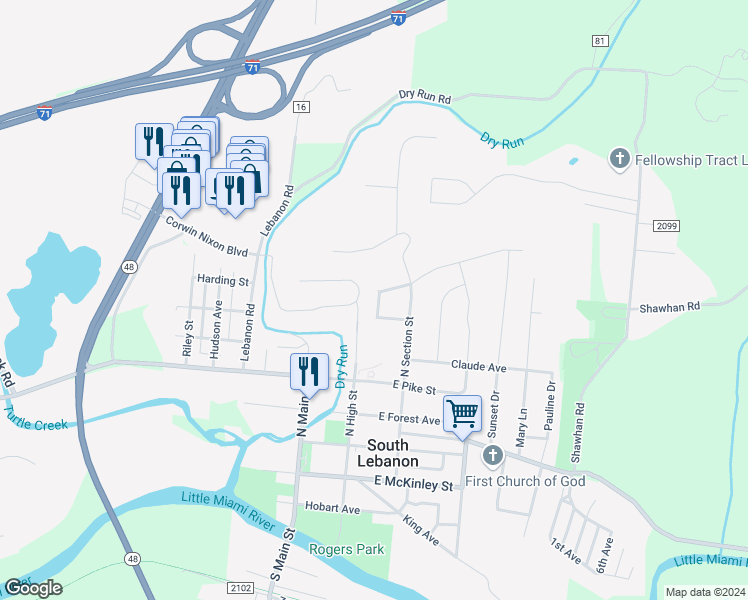 map of restaurants, bars, coffee shops, grocery stores, and more near 367 Mary Lane Circle in South Lebanon