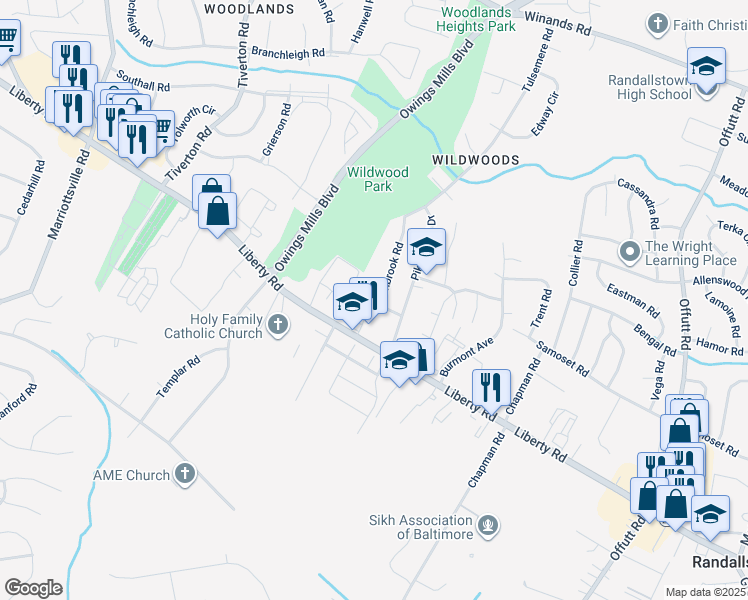 map of restaurants, bars, coffee shops, grocery stores, and more near 3810 Janbrook Road in Randallstown