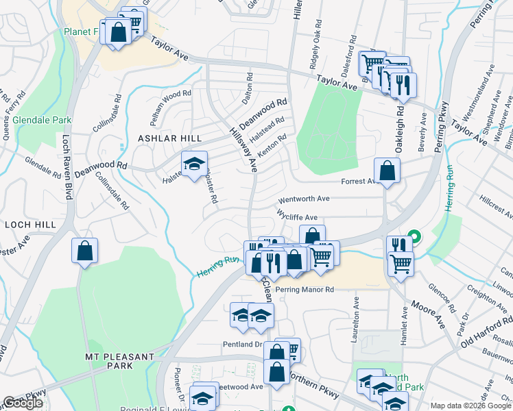 map of restaurants, bars, coffee shops, grocery stores, and more near 1604 Wentworth Avenue in Parkville