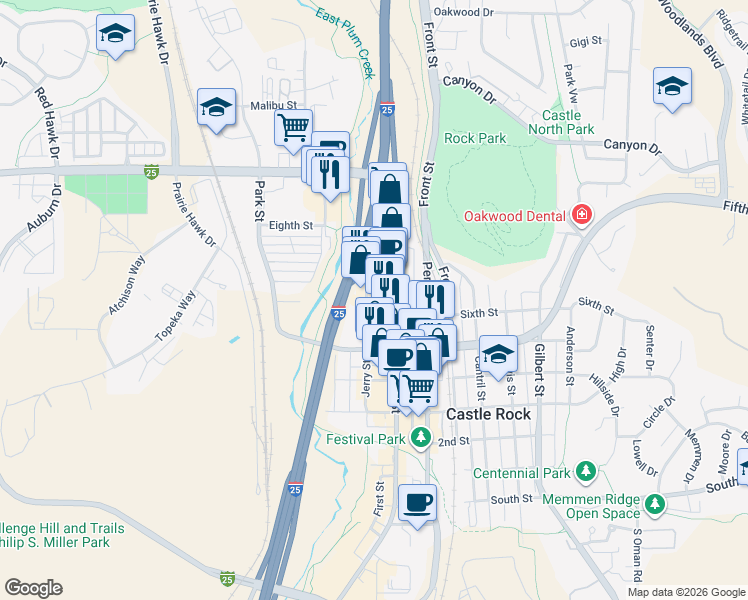 map of restaurants, bars, coffee shops, grocery stores, and more near 703 Wilcox Street in Castle Rock