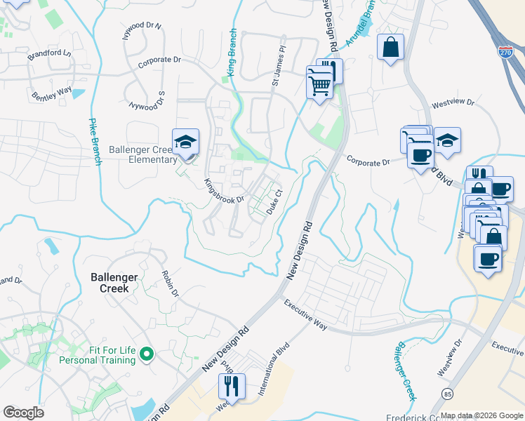 map of restaurants, bars, coffee shops, grocery stores, and more near 5805 Duke Court in Frederick