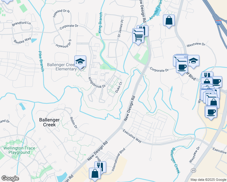 map of restaurants, bars, coffee shops, grocery stores, and more near 5805 Duke Court in Frederick