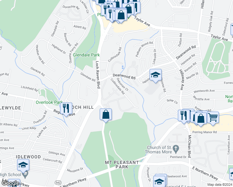 map of restaurants, bars, coffee shops, grocery stores, and more near 6632 Glenbarr Court in Parkville