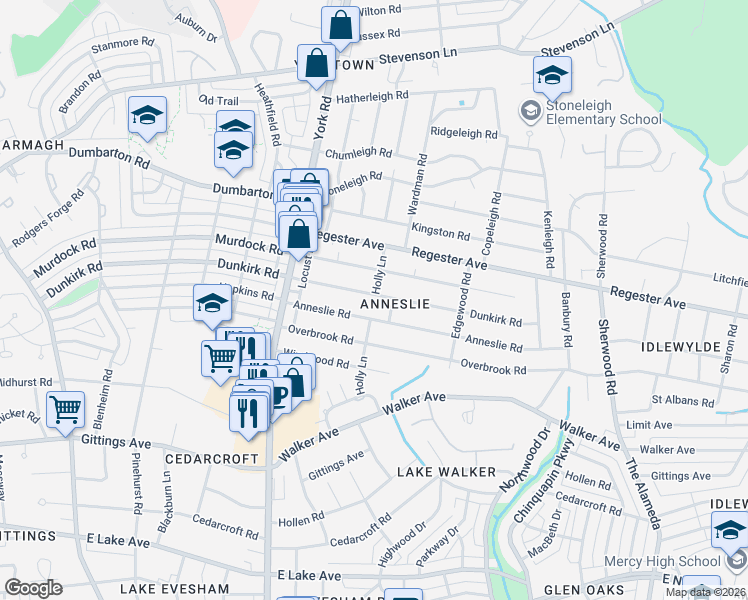 map of restaurants, bars, coffee shops, grocery stores, and more near 535 Dunkirk Road in Baltimore