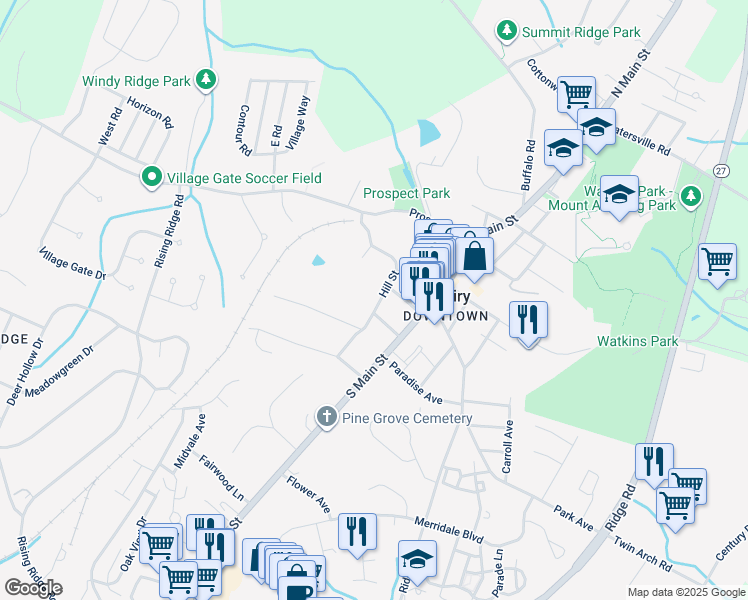 map of restaurants, bars, coffee shops, grocery stores, and more near 306 Hill Street in Mount Airy