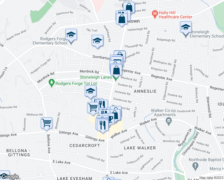 map of restaurants, bars, coffee shops, grocery stores, and more near York Rd & Hopkins Rd in Towson