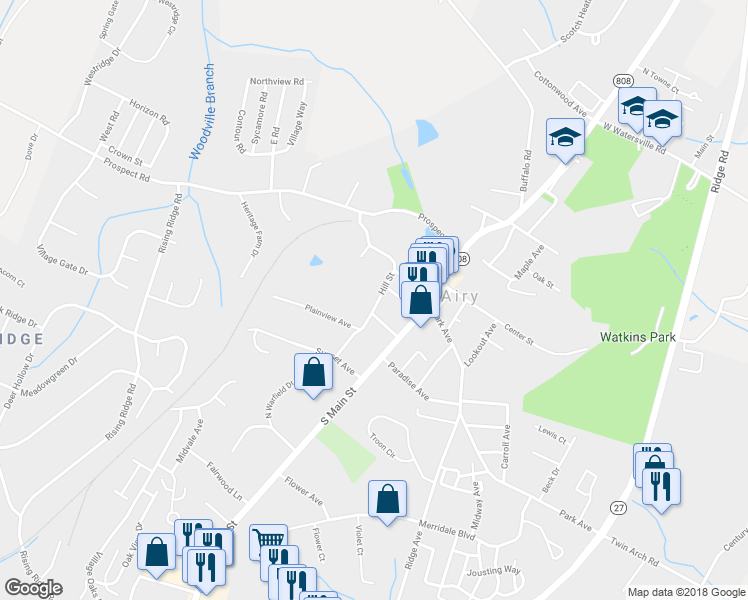 map of restaurants, bars, coffee shops, grocery stores, and more near 306 Hill Street in Mount Airy