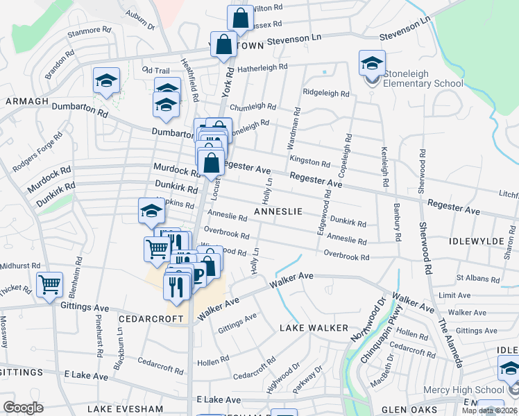map of restaurants, bars, coffee shops, grocery stores, and more near 529 Dunkirk Road in Baltimore