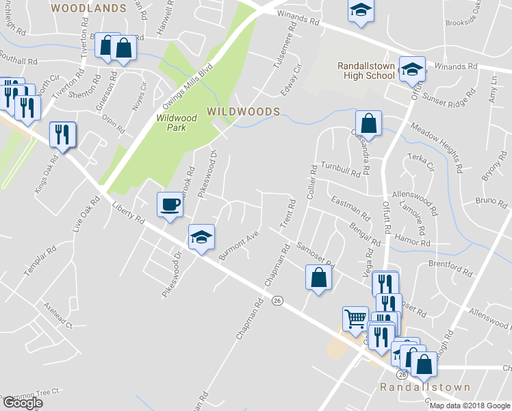 map of restaurants, bars, coffee shops, grocery stores, and more near 9414 Painted Tree Drive in Randallstown