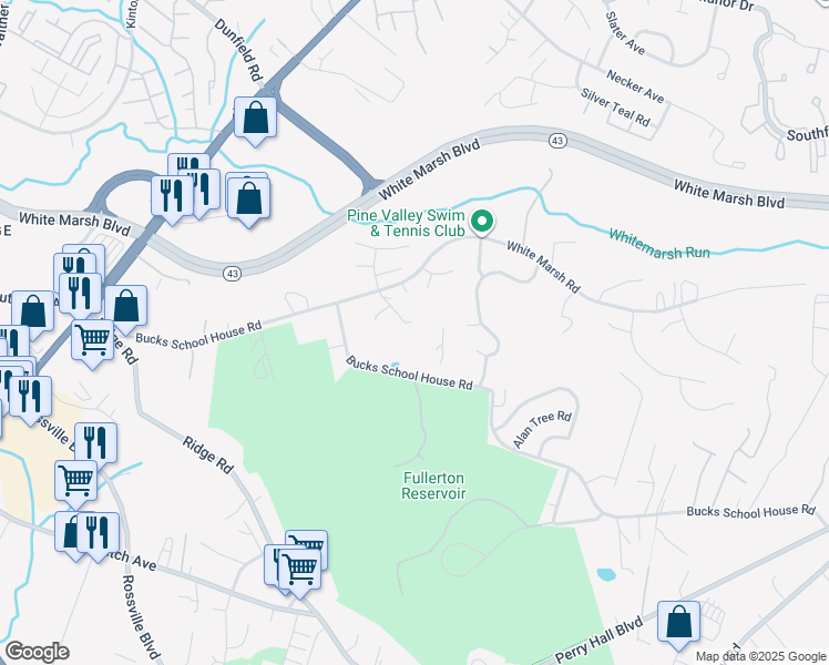 map of restaurants, bars, coffee shops, grocery stores, and more near 4515 White Marsh Road in Rosedale