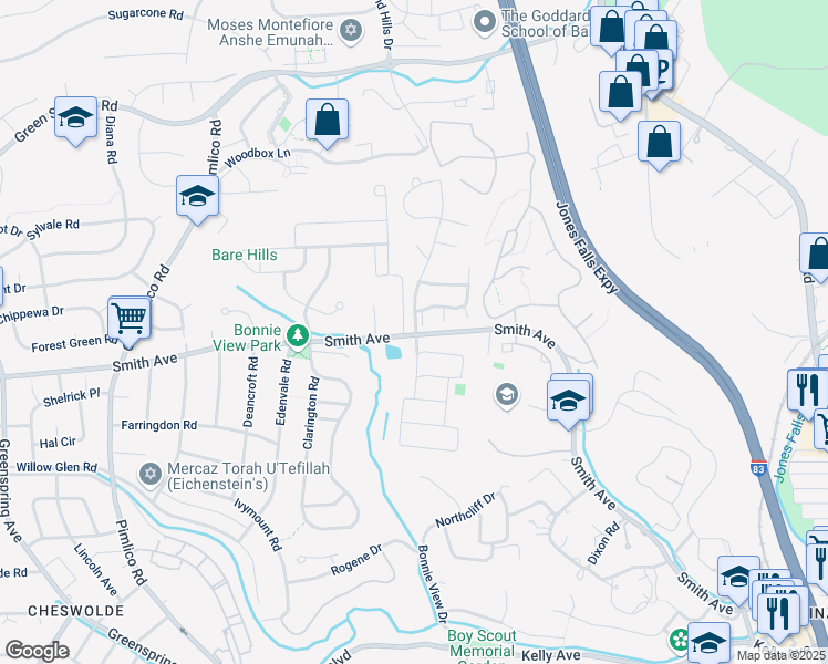 map of restaurants, bars, coffee shops, grocery stores, and more near 2106 Smith Avenue in Baltimore