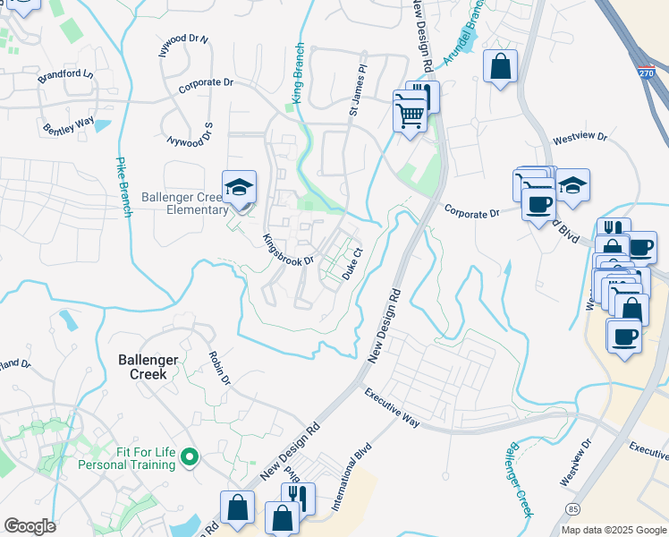 map of restaurants, bars, coffee shops, grocery stores, and more near 5810 Duke Court in Frederick