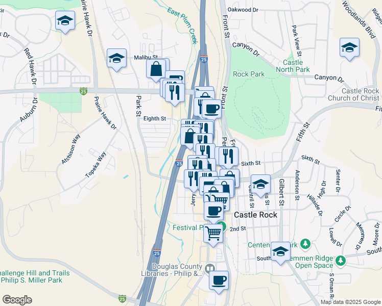 map of restaurants, bars, coffee shops, grocery stores, and more near 695 Jerry Street in Castle Rock
