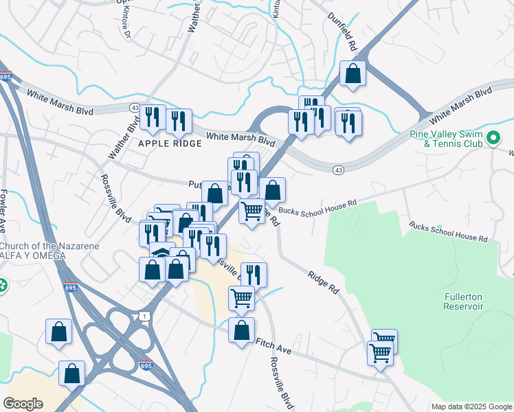 map of restaurants, bars, coffee shops, grocery stores, and more near 4213 Ridge Road in Nottingham
