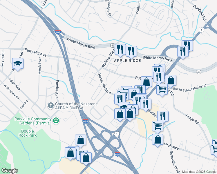 map of restaurants, bars, coffee shops, grocery stores, and more near 7924 Rolling View Avenue in Nottingham