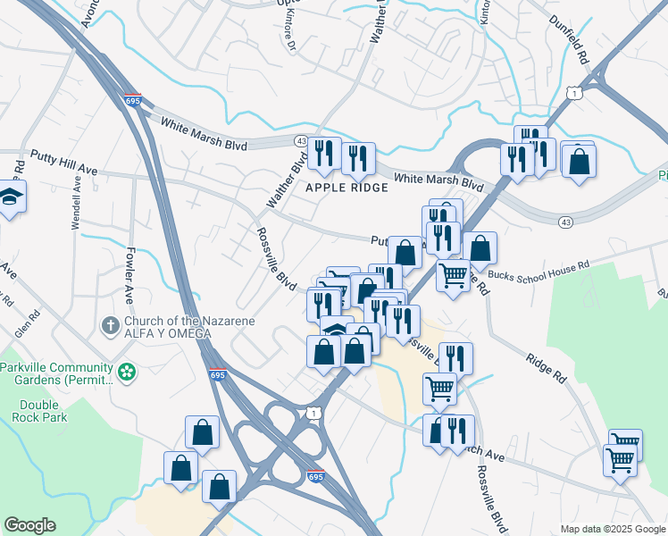 map of restaurants, bars, coffee shops, grocery stores, and more near 8100 Rossville Boulevard in Nottingham