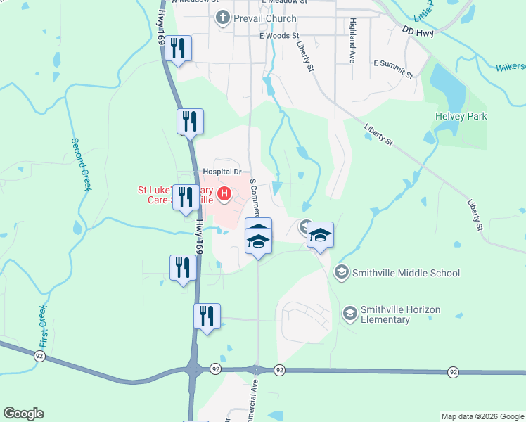 map of restaurants, bars, coffee shops, grocery stores, and more near 639 South Commercial Avenue in Smithville