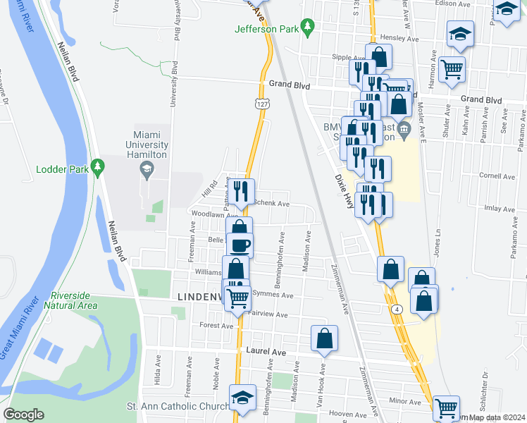 map of restaurants, bars, coffee shops, grocery stores, and more near 623 Schenck Avenue in Hamilton