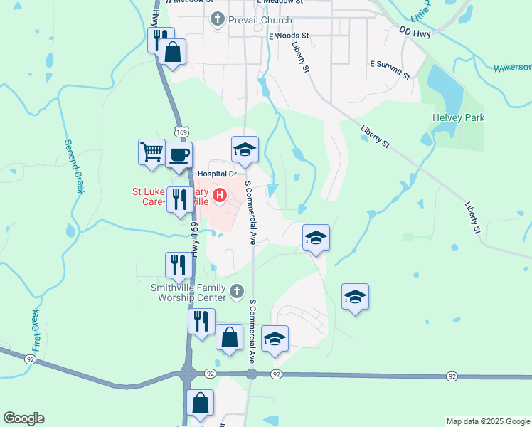 map of restaurants, bars, coffee shops, grocery stores, and more near 639 South Commercial Avenue in Smithville