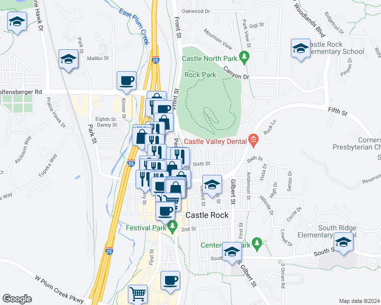 map of restaurants, bars, coffee shops, grocery stores, and more near 616 Front Street in Castle Rock