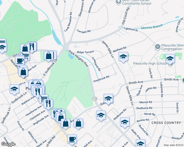 map of restaurants, bars, coffee shops, grocery stores, and more near 7705 Park Heights Avenue in Pikesville