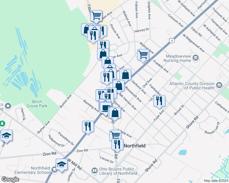 map of restaurants, bars, coffee shops, grocery stores, and more near 1120 Tilton Road in Northfield