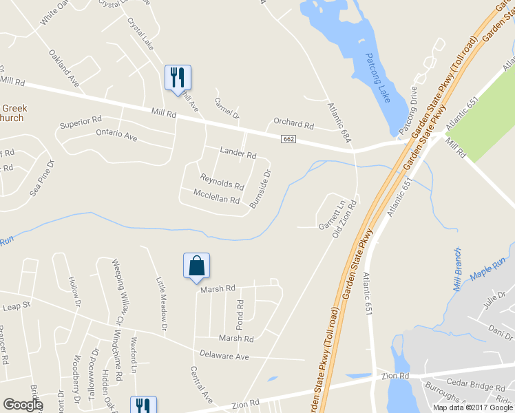 map of restaurants, bars, coffee shops, grocery stores, and more near 100 Burnside Drive in Egg Harbor Township