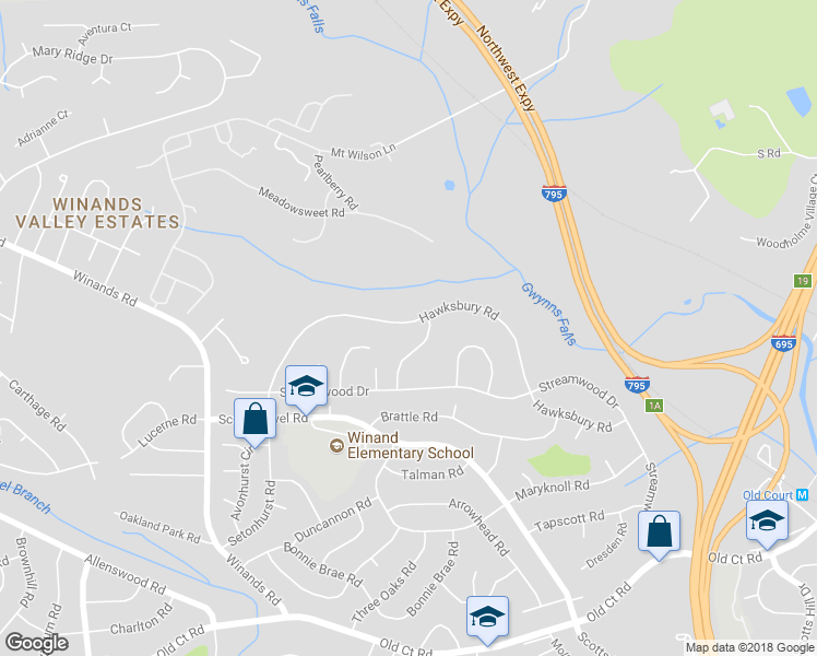 map of restaurants, bars, coffee shops, grocery stores, and more near 4703 Hawksbury Road in Pikesville