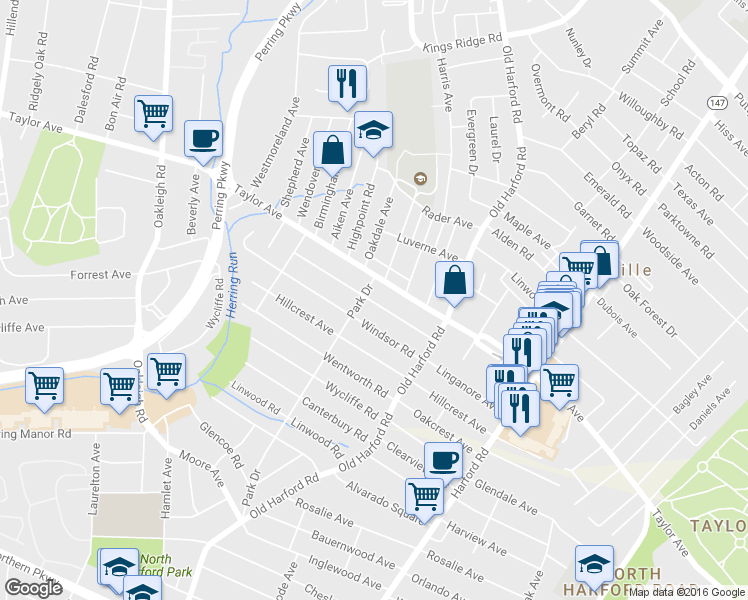 map of restaurants, bars, coffee shops, grocery stores, and more near 2626 Wendover Road in Parkville