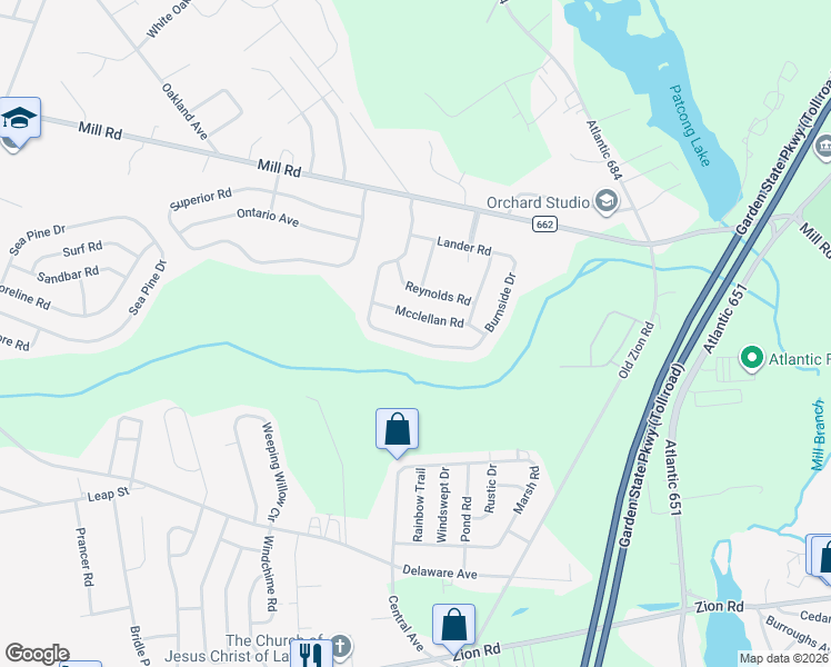map of restaurants, bars, coffee shops, grocery stores, and more near 45 Burnside Drive in Egg Harbor Township