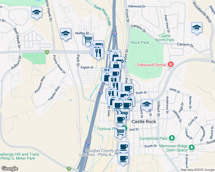 map of restaurants, bars, coffee shops, grocery stores, and more near 695 Jerry Street in Castle Rock