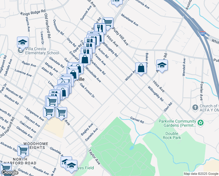 map of restaurants, bars, coffee shops, grocery stores, and more near 3048 Woodside Avenue in Parkville