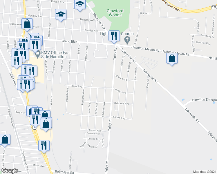 map of restaurants, bars, coffee shops, grocery stores, and more near 2512 Imlay Avenue in Hamilton