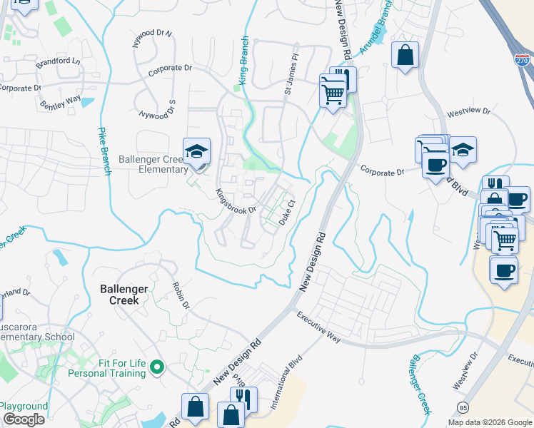 map of restaurants, bars, coffee shops, grocery stores, and more near 5304 Regal Court in Frederick
